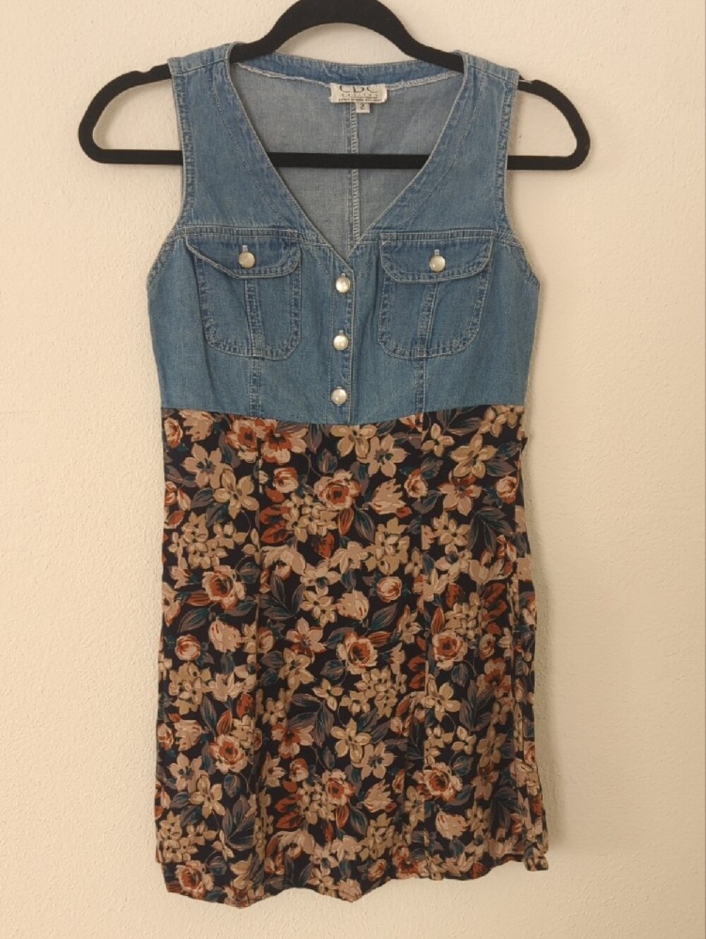 Vintage Denim & Floral Sleeveless Mini Dress with Waist Tie